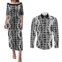 Hawaiian Ohia Lehua Lei Couples Matching Puletasi and Long Sleeve Button Shirt Plaid Palaka Eleele Pattern - Polynesian Pride