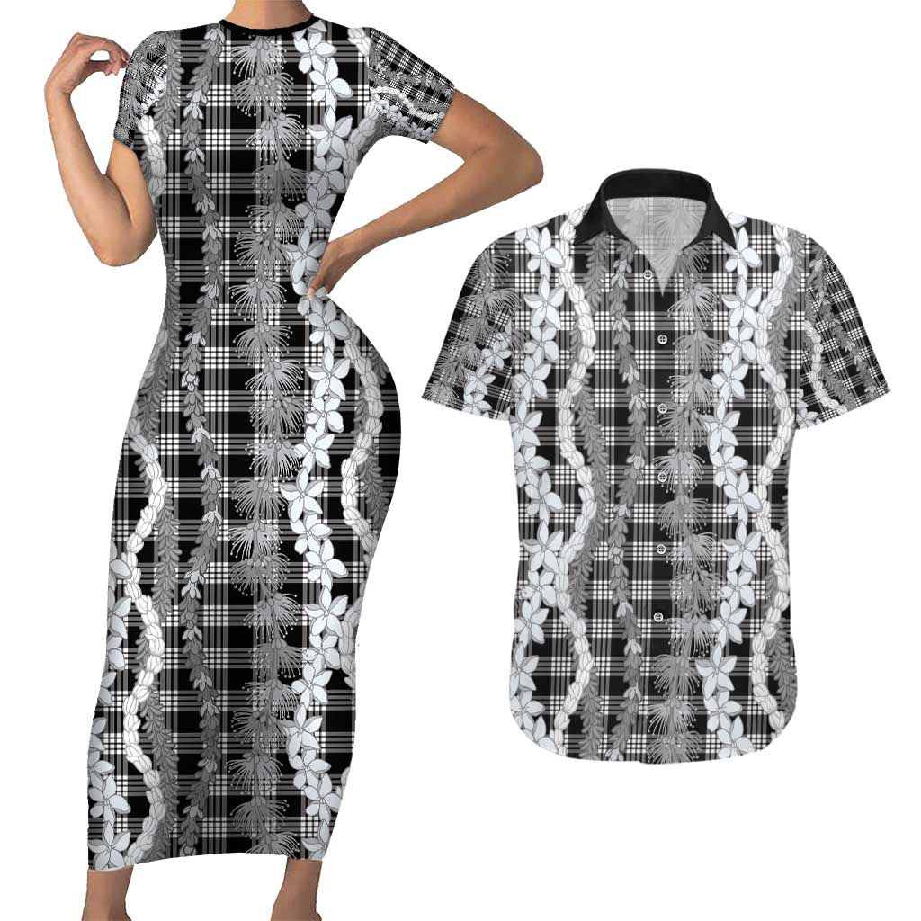 Hawaiian Ohia Lehua Lei Couples Matching Short Sleeve Bodycon Dress and Hawaiian Shirt Plaid Palaka Eleele Pattern - Polynesian Pride