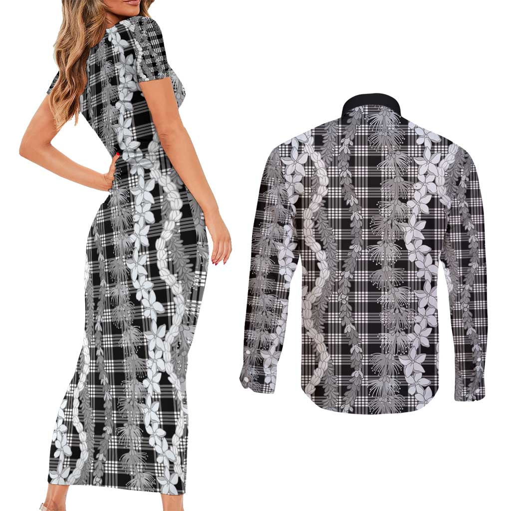 Hawaiian Ohia Lehua Lei Couples Matching Short Sleeve Bodycon Dress and Long Sleeve Button Shirt Plaid Palaka Eleele Pattern - Polynesian Pride
