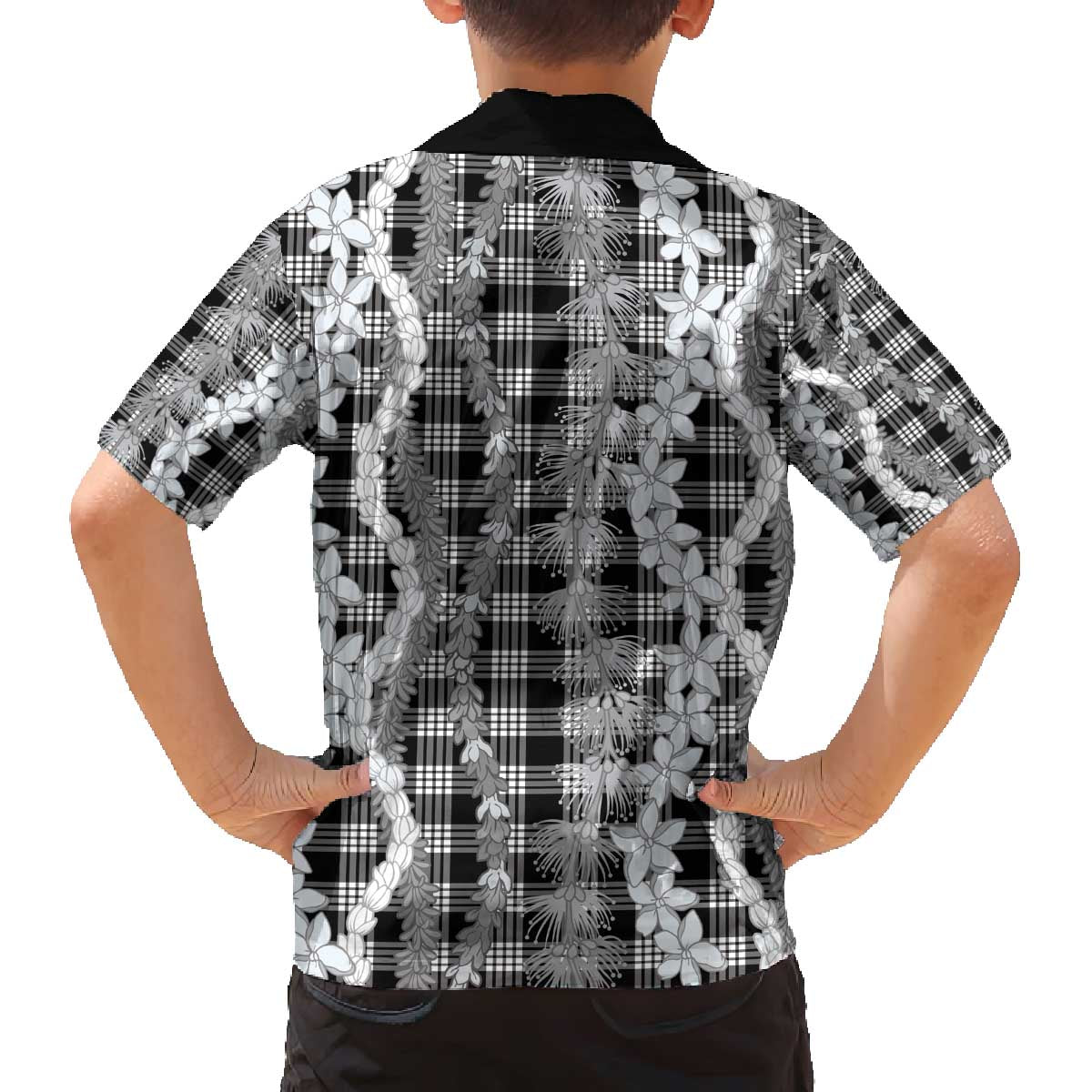 Hawaiian Ohia Lehua Lei Family Matching Off The Shoulder Long Sleeve Dress and Hawaiian Shirt Plaid Palaka Eleele Pattern - Polynesian Pride