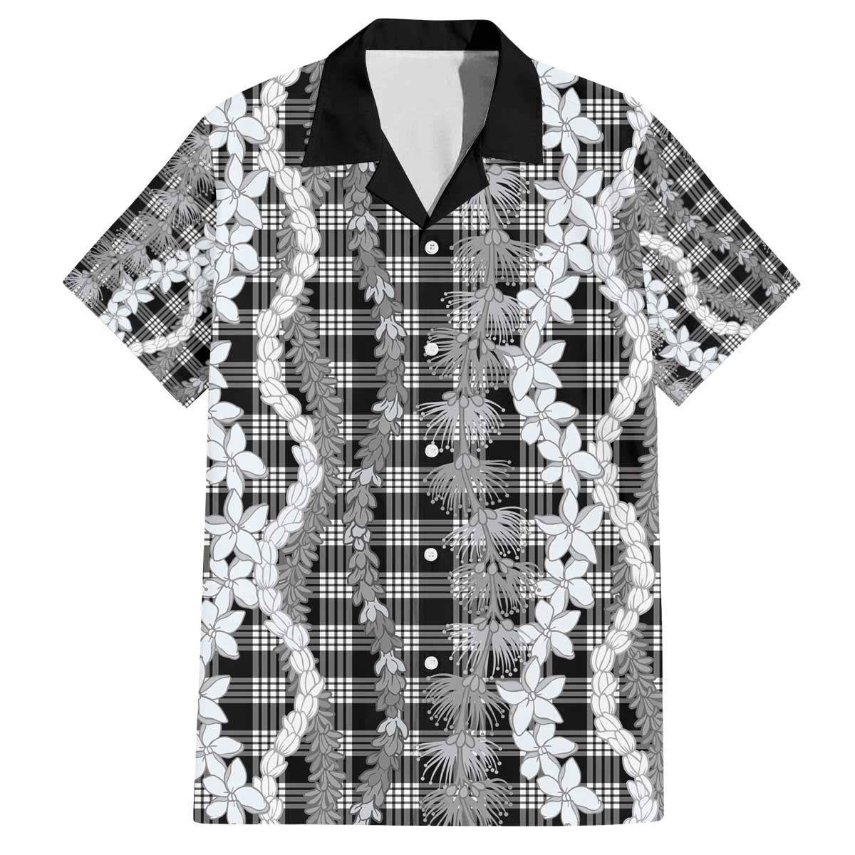 Hawaiian Ohia Lehua Lei Family Matching Off The Shoulder Long Sleeve Dress and Hawaiian Shirt Plaid Palaka Eleele Pattern - Polynesian Pride