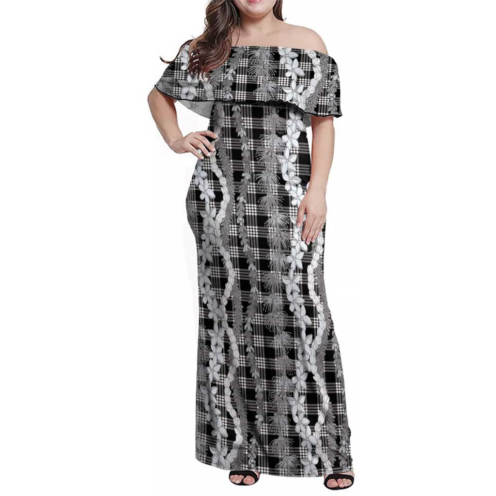 Hawaiian Ohia Lehua Lei Family Matching Off Shoulder Maxi Dress and Hawaiian Shirt Plaid Palaka Eleele Pattern - Polynesian Pride