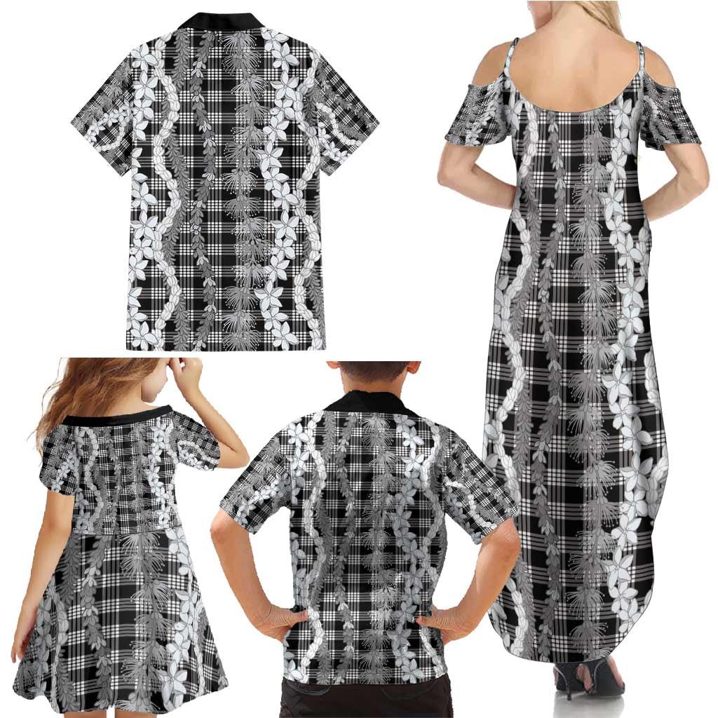 Hawaiian Ohia Lehua Lei Family Matching Summer Maxi Dress and Hawaiian Shirt Plaid Palaka Eleele Pattern - Polynesian Pride