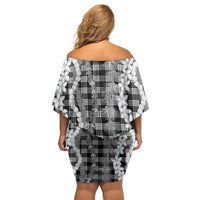 Hawaiian Ohia Lehua Lei Off Shoulder Short Dress Plaid Palaka Eleele Pattern - Polynesian Pride