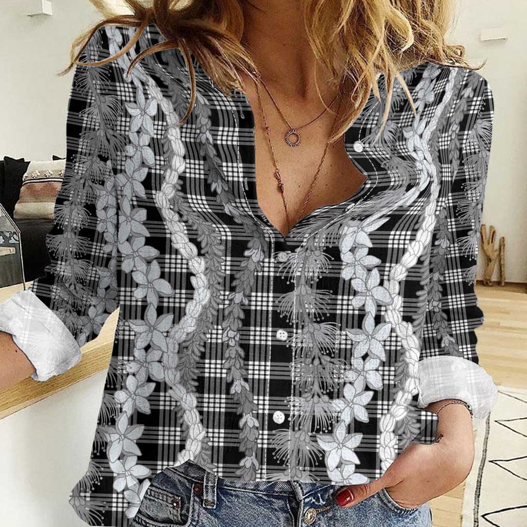 Hawaiian Ohia Lehua Lei Women Casual Shirt Plaid Palaka Eleele Pattern - Polynesian Pride
