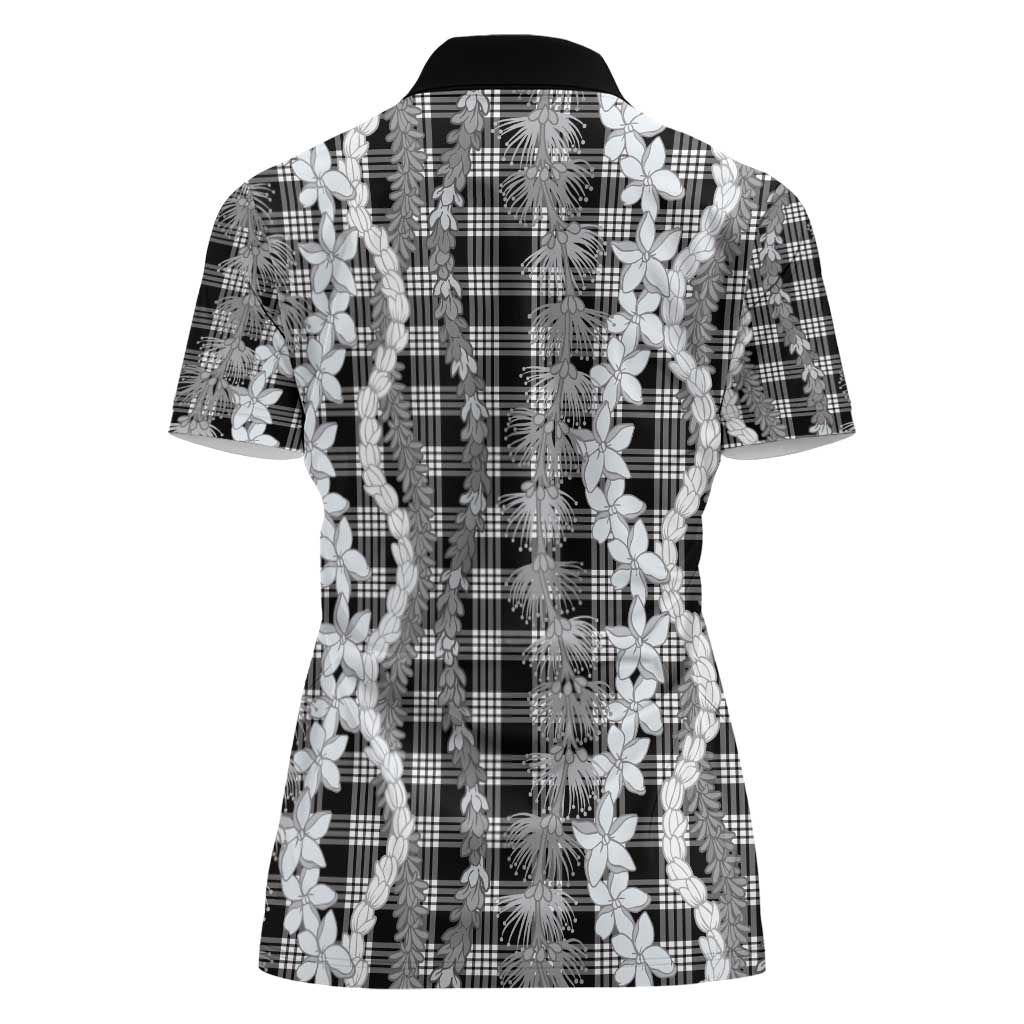 Hawaiian Ohia Lehua Lei Women Polo Shirt Plaid Palaka Eleele Pattern - Polynesian Pride