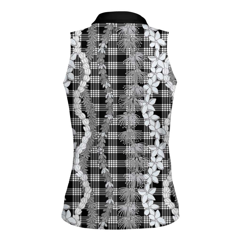 Hawaiian Ohia Lehua Lei Women Sleeveless Polo Shirt Plaid Palaka Eleele Pattern - Polynesian Pride
