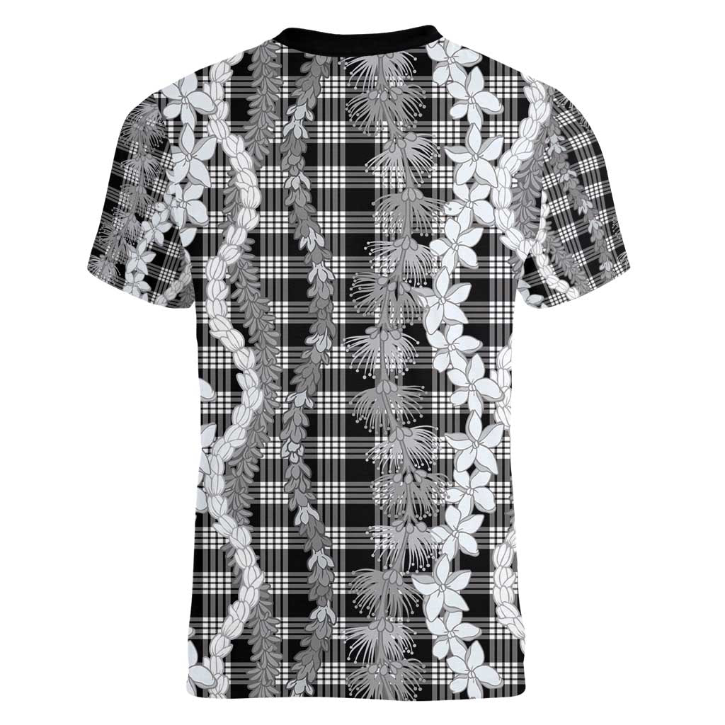 Hawaiian Ohia Lehua Lei Women V-Neck T-Shirt Plaid Palaka Eleele Pattern - Polynesian Pride