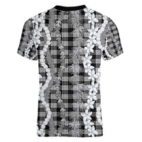Hawaiian Ohia Lehua Lei Women V-Neck T-Shirt Plaid Palaka Eleele Pattern - Polynesian Pride