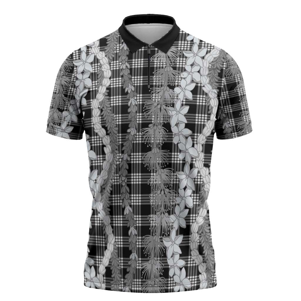 Hawaiian Ohia Lehua Lei Zipper Polo Shirt Plaid Palaka Eleele Pattern - Polynesian Pride