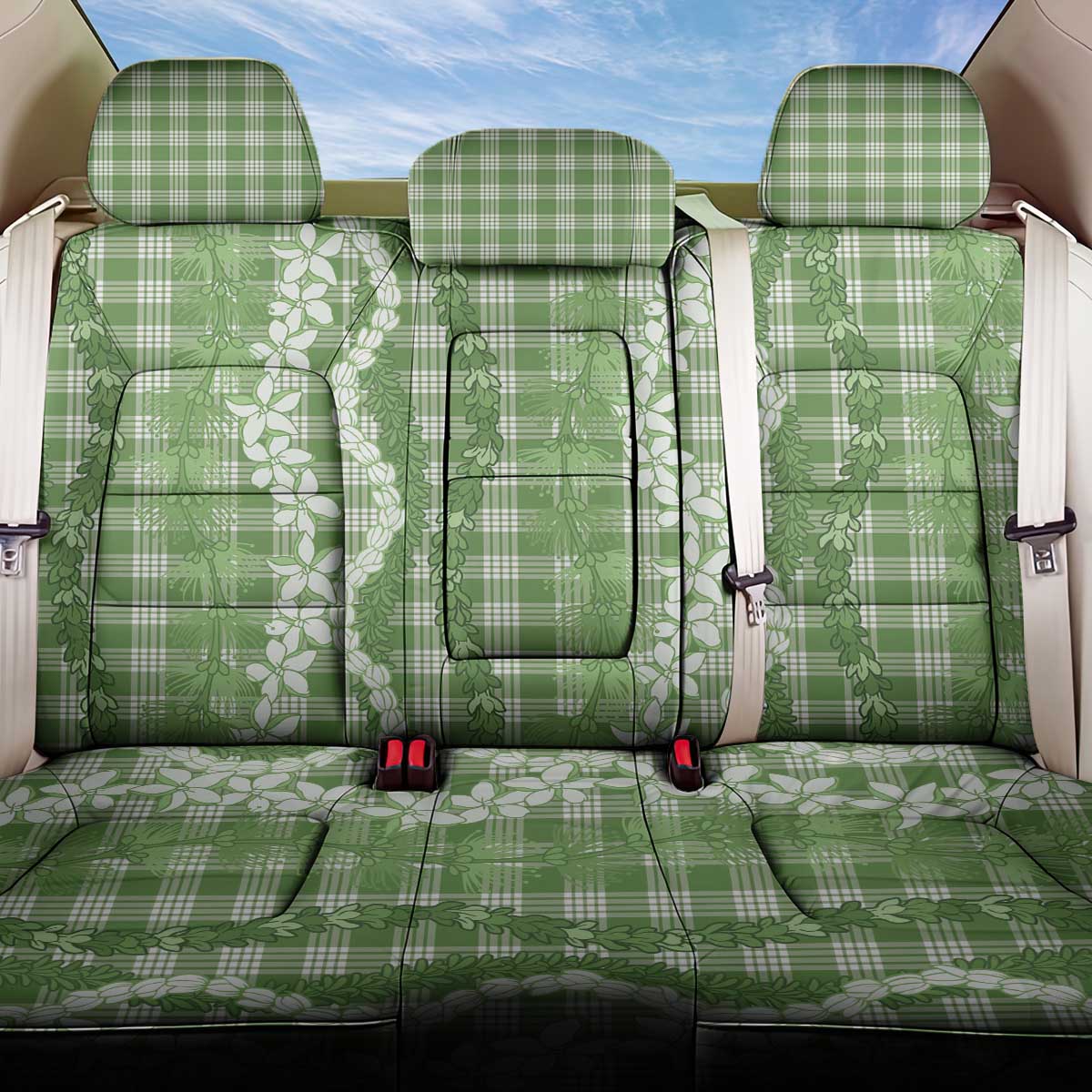 Hawaiian Ohia Lehua Lei Back Car Seat Cover Plaid Palaka Omaomao Pattern - Polynesian Pride