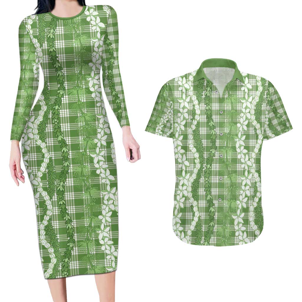 Hawaiian Ohia Lehua Lei Couples Matching Long Sleeve Bodycon Dress and Hawaiian Shirt Plaid Palaka Omaomao Pattern - Polynesian Pride