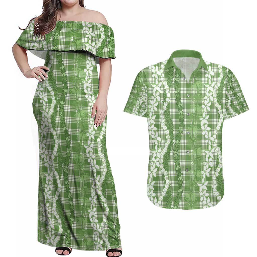 Hawaiian Ohia Lehua Lei Couples Matching Off Shoulder Maxi Dress and Hawaiian Shirt Plaid Palaka Omaomao Pattern - Polynesian Pride