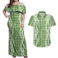 Hawaiian Ohia Lehua Lei Couples Matching Off Shoulder Maxi Dress and Hawaiian Shirt Plaid Palaka Omaomao Pattern - Polynesian Pride