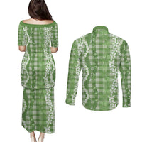 Hawaiian Ohia Lehua Lei Couples Matching Puletasi and Long Sleeve Button Shirt Plaid Palaka Omaomao Pattern - Polynesian Pride