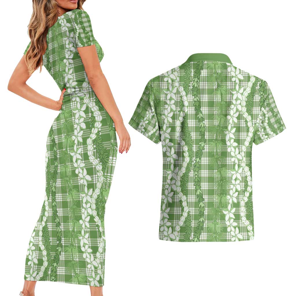 Hawaiian Ohia Lehua Lei Couples Matching Short Sleeve Bodycon Dress and Hawaiian Shirt Plaid Palaka Omaomao Pattern - Polynesian Pride