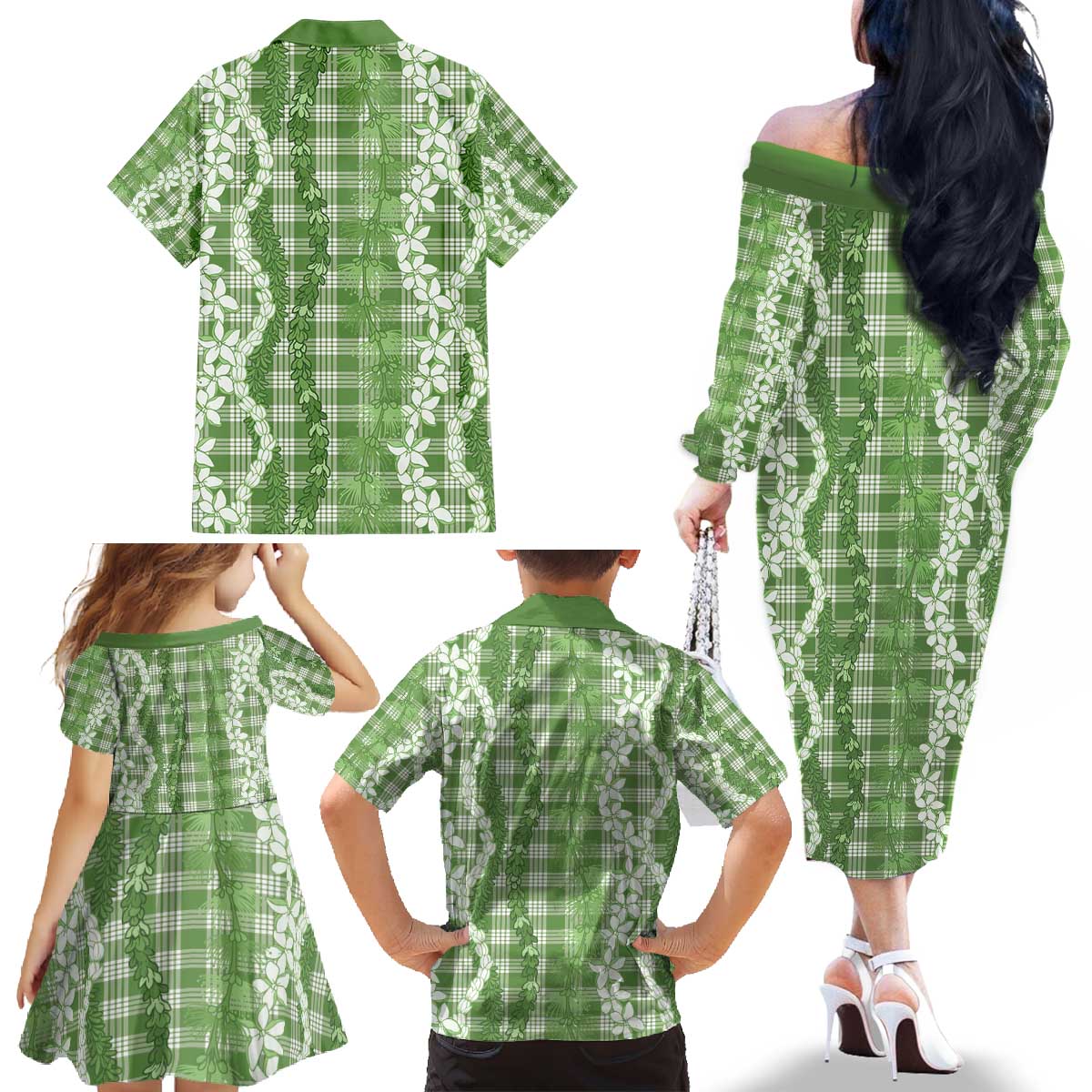Hawaiian Ohia Lehua Lei Family Matching Off The Shoulder Long Sleeve Dress and Hawaiian Shirt Plaid Palaka Omaomao Pattern - Polynesian Pride