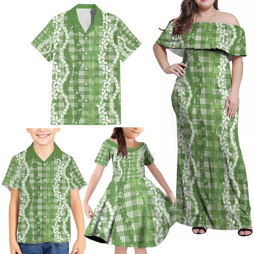 Hawaiian Ohia Lehua Lei Family Matching Off Shoulder Maxi Dress and Hawaiian Shirt Plaid Palaka Omaomao Pattern - Polynesian Pride