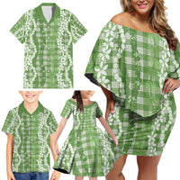 Hawaiian Ohia Lehua Lei Family Matching Off Shoulder Short Dress and Hawaiian Shirt Plaid Palaka Omaomao Pattern - Polynesian Pride