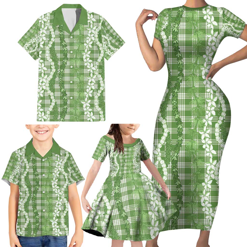 Hawaiian Ohia Lehua Lei Family Matching Short Sleeve Bodycon Dress and Hawaiian Shirt Plaid Palaka Omaomao Pattern - Polynesian Pride