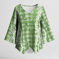 Hawaiian Ohia Lehua Lei Kimono Sleeve Blouse Plaid Palaka Omaomao Pattern - Polynesian Pride
