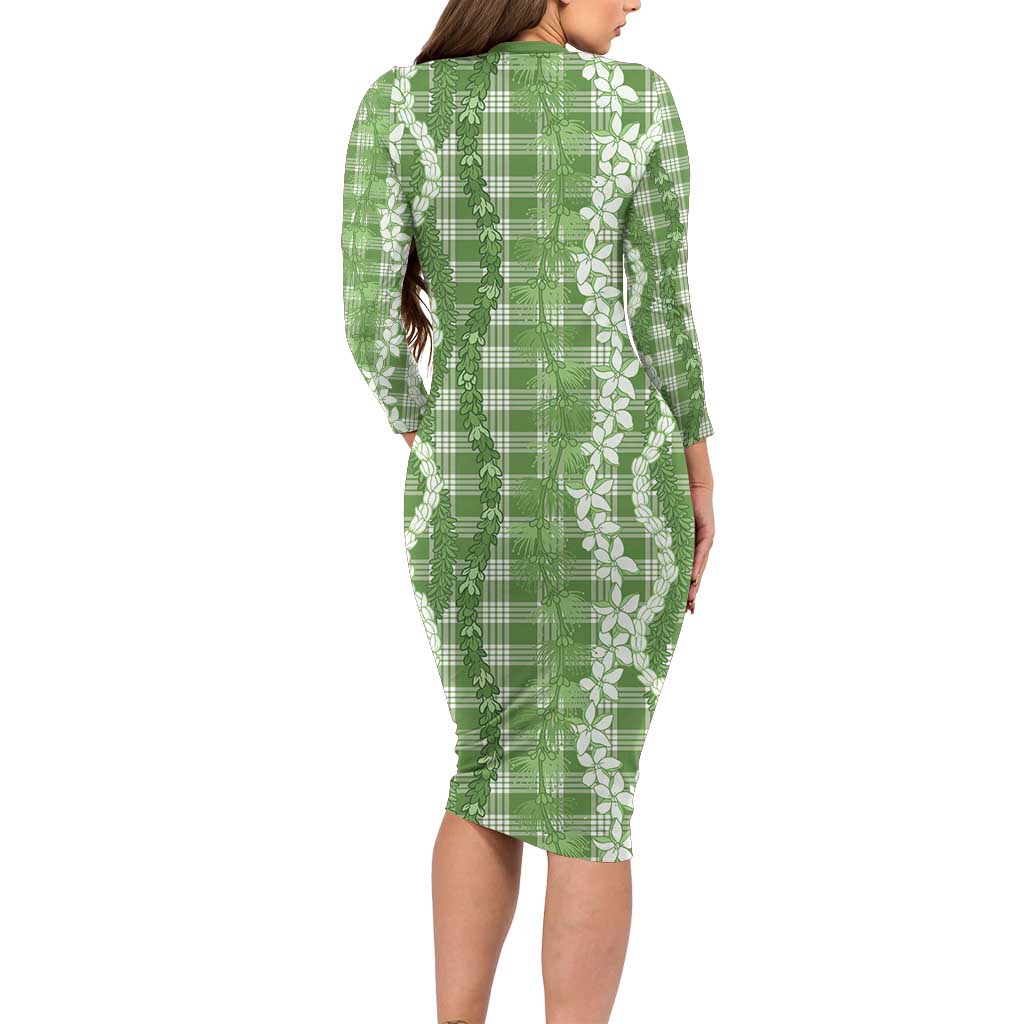 Hawaiian Ohia Lehua Lei Long Sleeve Bodycon Dress Plaid Palaka Omaomao Pattern - Polynesian Pride