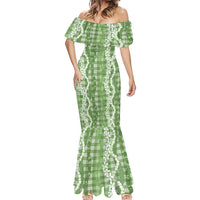 Hawaiian Ohia Lehua Lei Mermaid Dress Plaid Palaka Omaomao Pattern - Polynesian Pride
