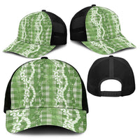 Hawaiian Ohia Lehua Lei Mesh Trucker Cap Plaid Palaka Omaomao Pattern - Polynesian Pride