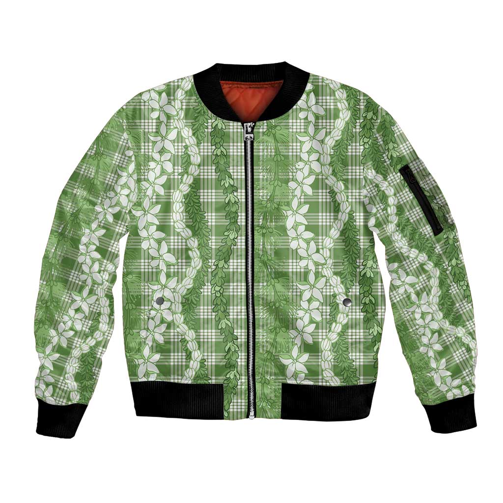 Hawaiian Ohia Lehua Lei Sleeve Zip Bomber Jacket Plaid Palaka Omaomao Pattern - Polynesian Pride