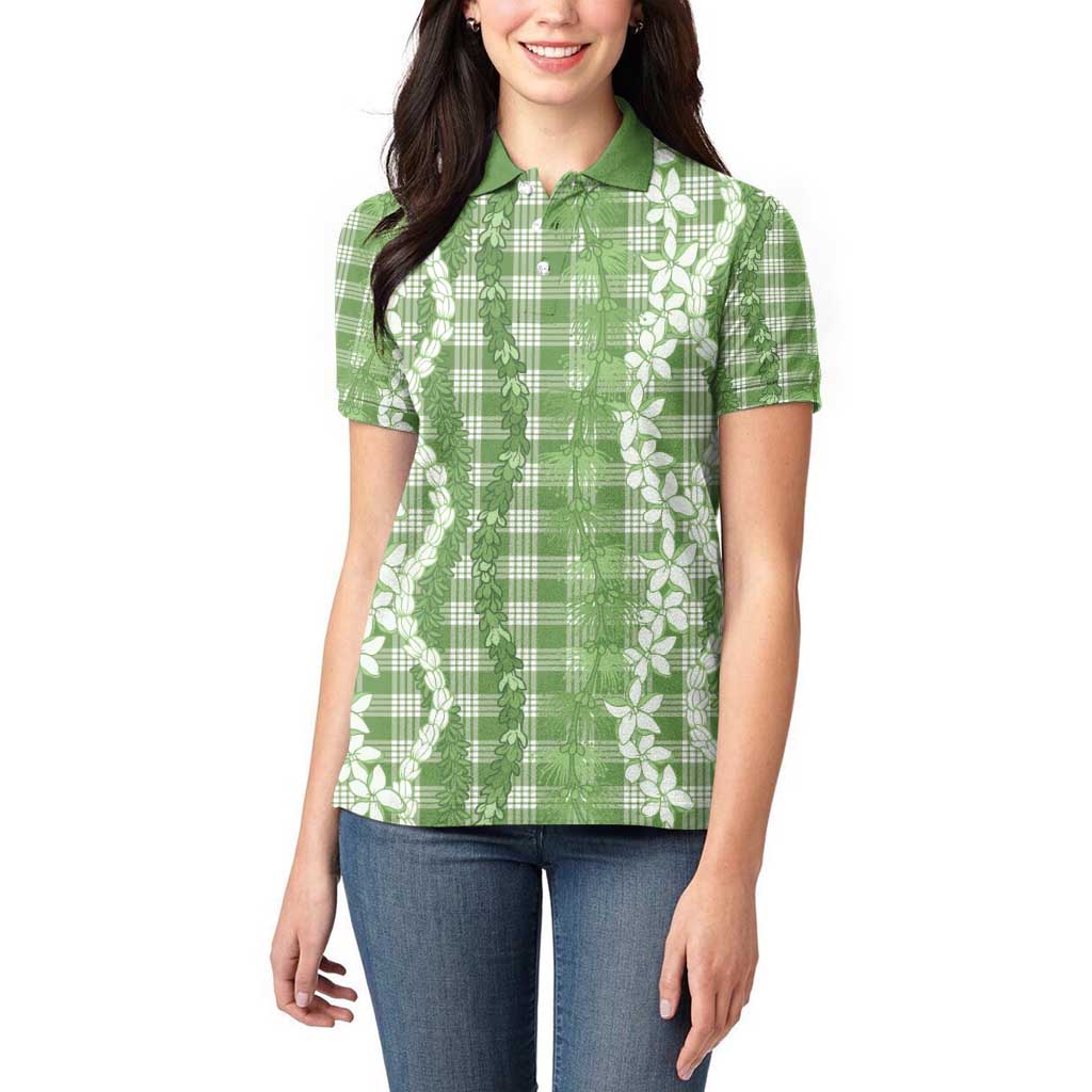 Hawaiian Ohia Lehua Lei Women Polo Shirt Plaid Palaka Omaomao Pattern - Polynesian Pride