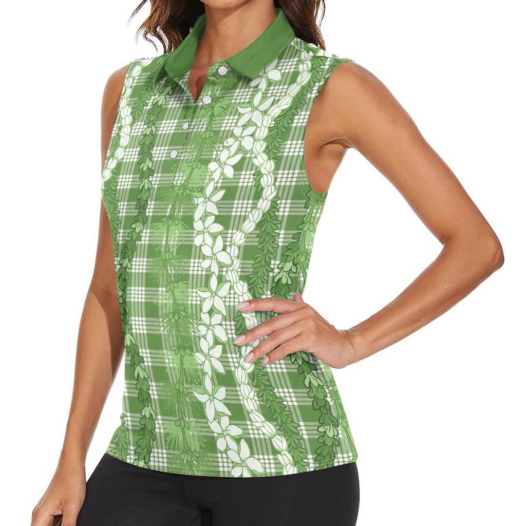 Hawaiian Ohia Lehua Lei Women Sleeveless Polo Shirt Plaid Palaka Omaomao Pattern - Polynesian Pride