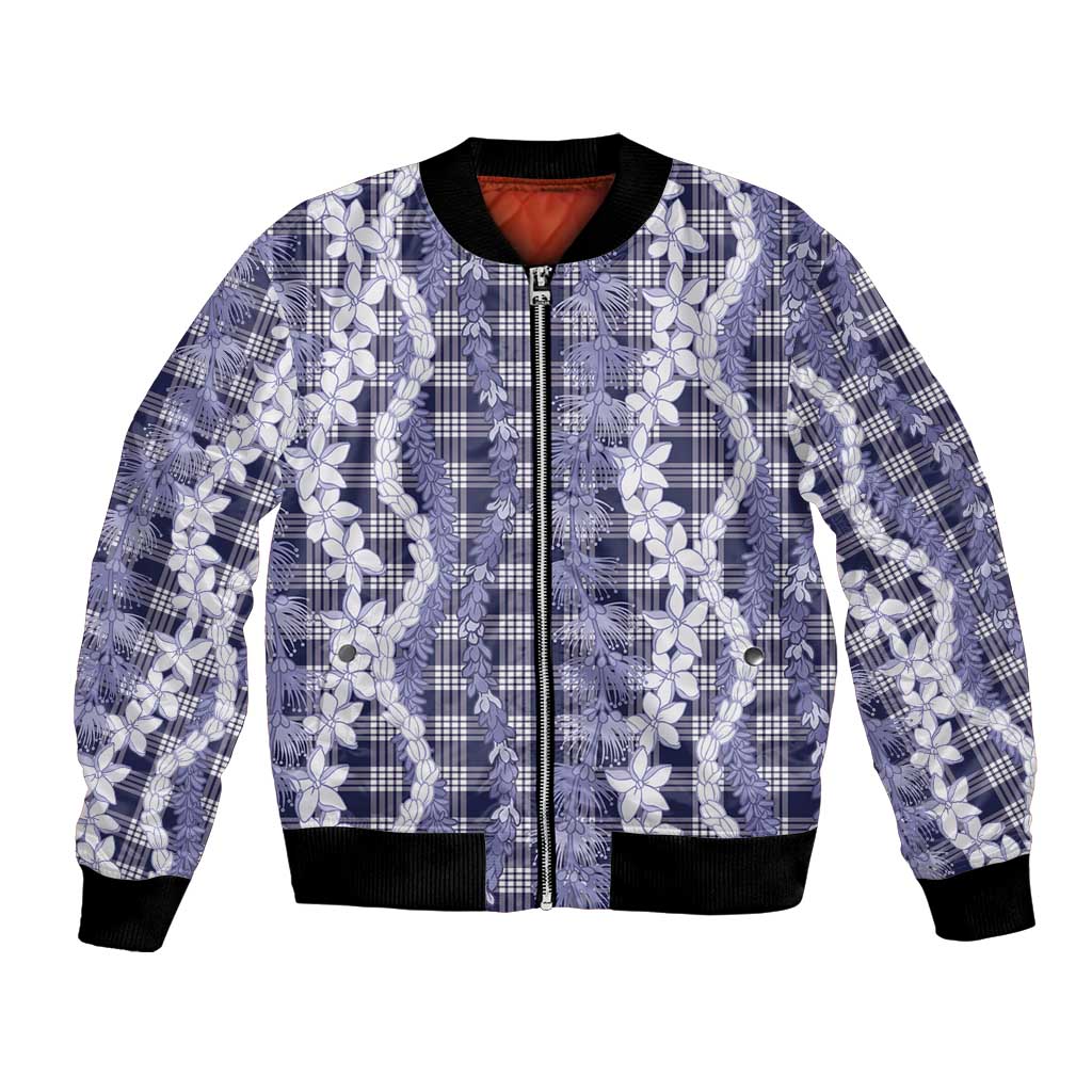 Hawaiian Ohia Lehua Lei Bomber Jacket Plaid Palaka Uliuli hohonu Pattern - Polynesian Pride