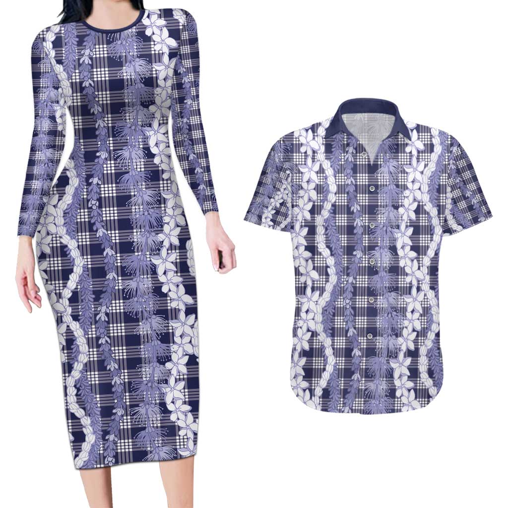 Hawaiian Ohia Lehua Lei Couples Matching Long Sleeve Bodycon Dress and Hawaiian Shirt Plaid Palaka Uliuli hohonu Pattern - Polynesian Pride