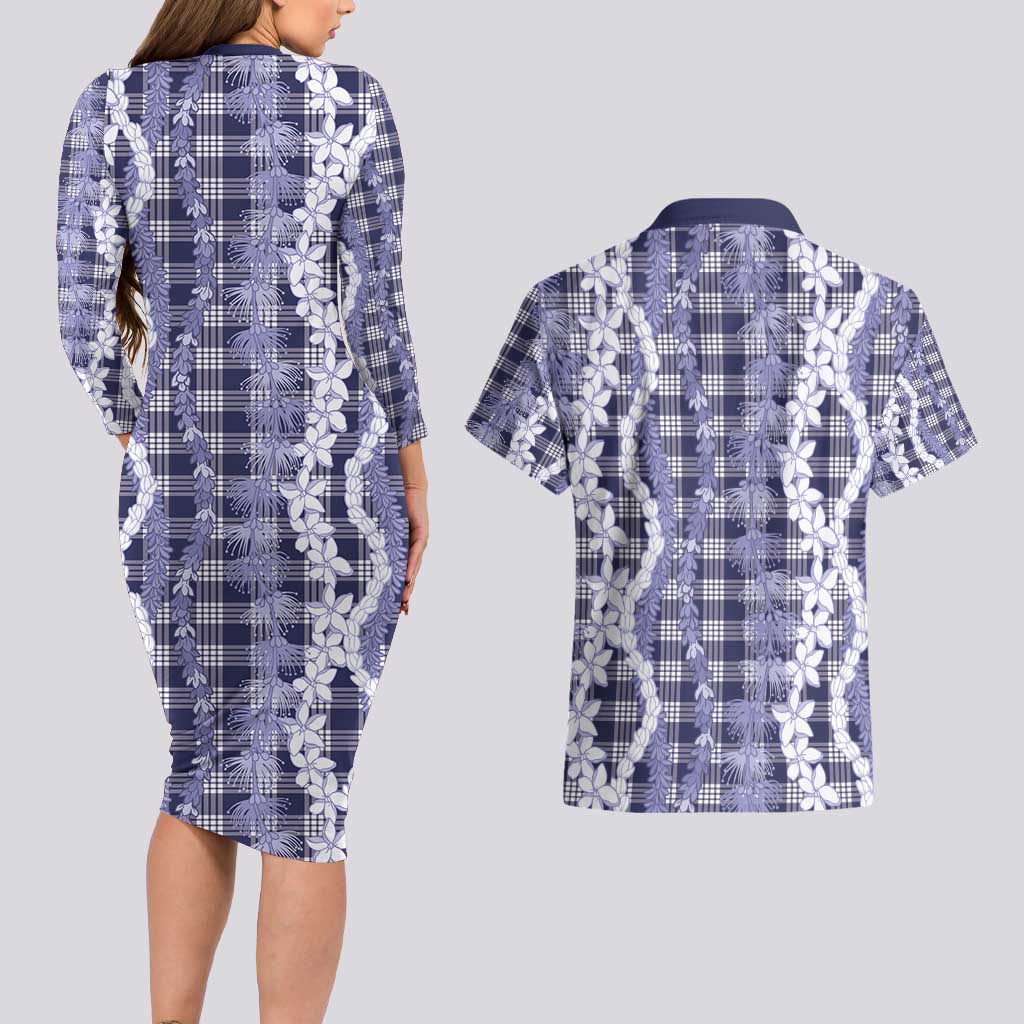 Hawaiian Ohia Lehua Lei Couples Matching Long Sleeve Bodycon Dress and Hawaiian Shirt Plaid Palaka Uliuli hohonu Pattern - Polynesian Pride