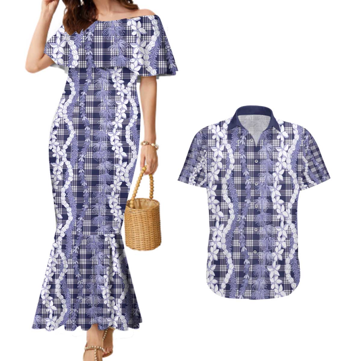 Hawaiian Ohia Lehua Lei Couples Matching Mermaid Dress and Hawaiian Shirt Plaid Palaka Uliuli hohonu Pattern - Polynesian Pride