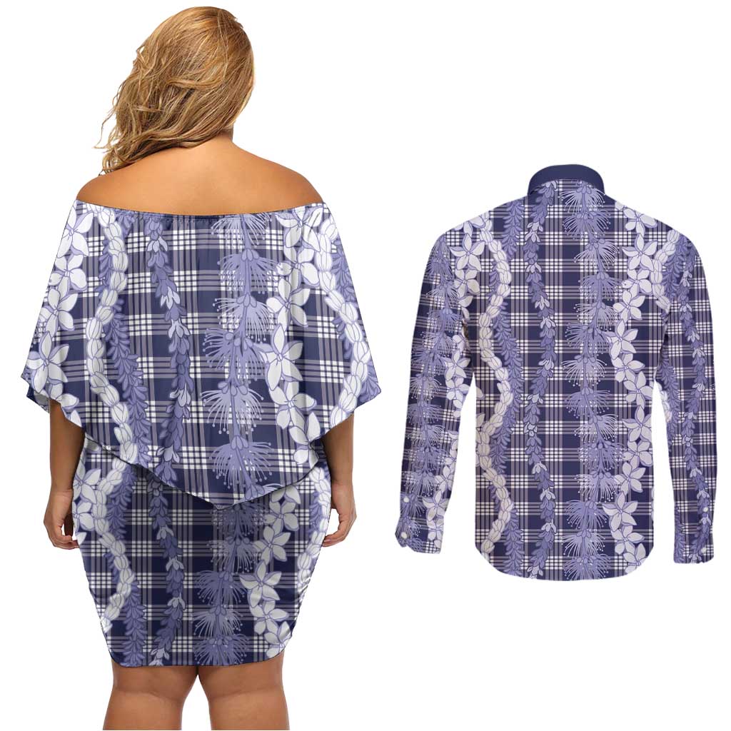 Hawaiian Ohia Lehua Lei Couples Matching Off Shoulder Short Dress and Long Sleeve Button Shirt Plaid Palaka Uliuli hohonu Pattern - Polynesian Pride