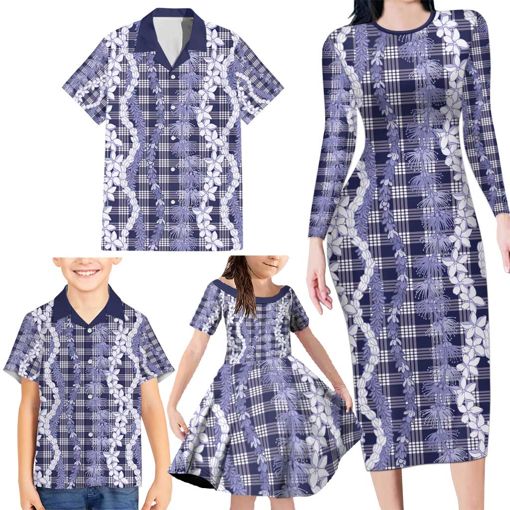 Hawaiian Ohia Lehua Lei Family Matching Long Sleeve Bodycon Dress and Hawaiian Shirt Plaid Palaka Uliuli hohonu Pattern - Polynesian Pride