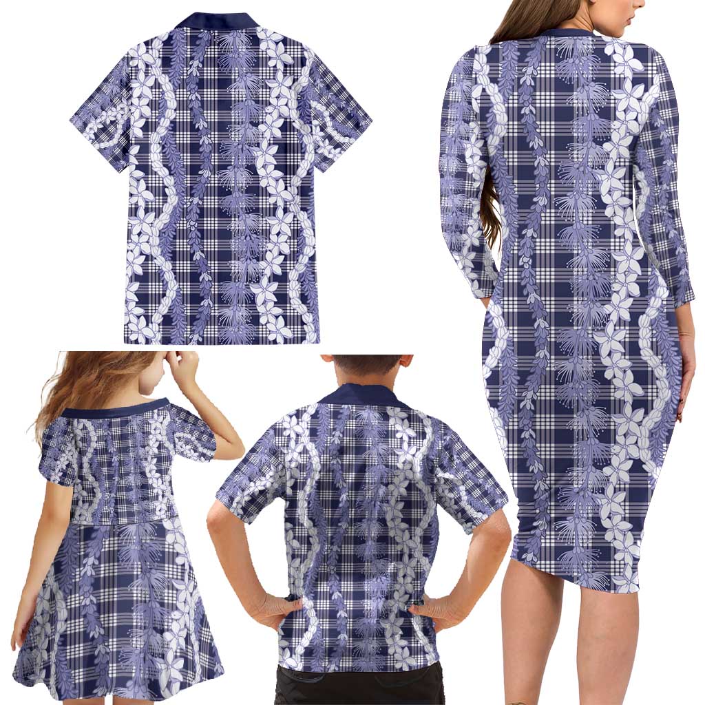 Hawaiian Ohia Lehua Lei Family Matching Long Sleeve Bodycon Dress and Hawaiian Shirt Plaid Palaka Uliuli hohonu Pattern - Polynesian Pride