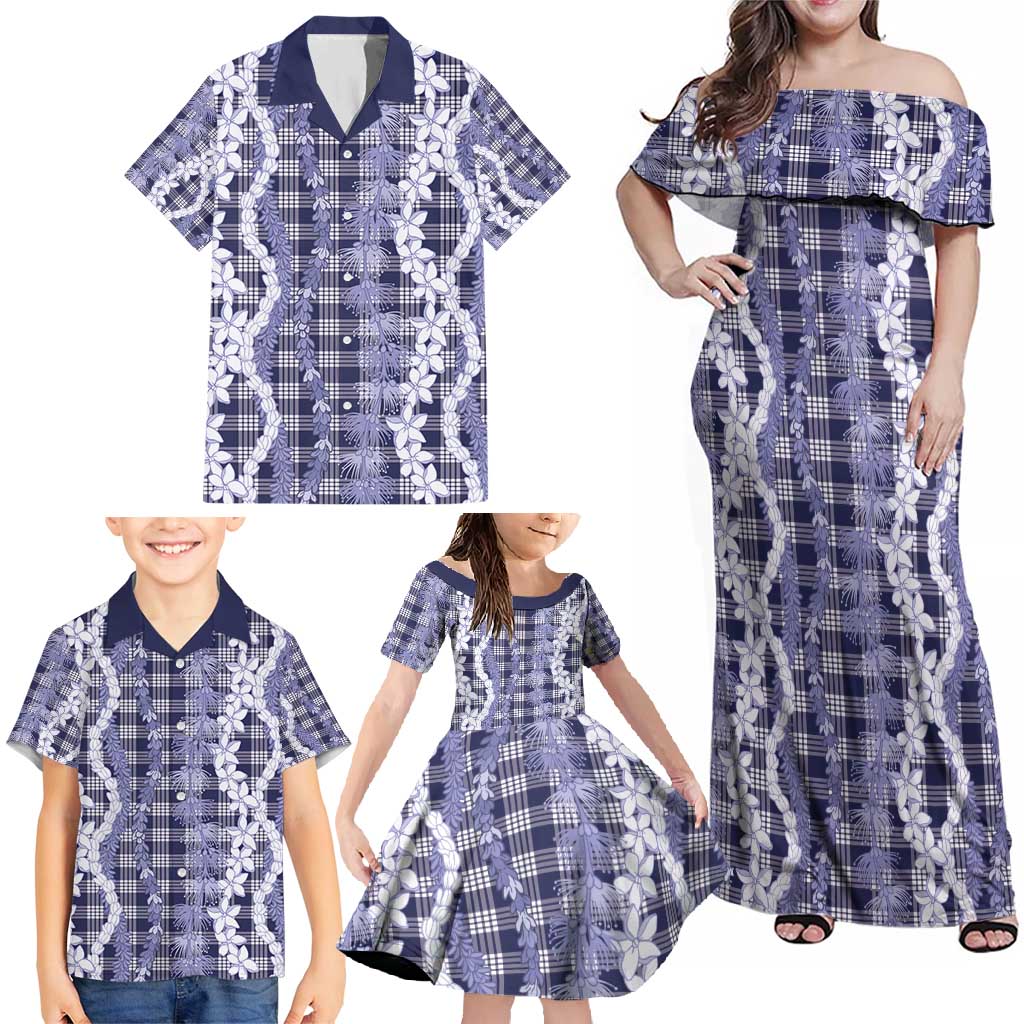 Hawaiian Ohia Lehua Lei Family Matching Off Shoulder Maxi Dress and Hawaiian Shirt Plaid Palaka Uliuli hohonu Pattern - Polynesian Pride
