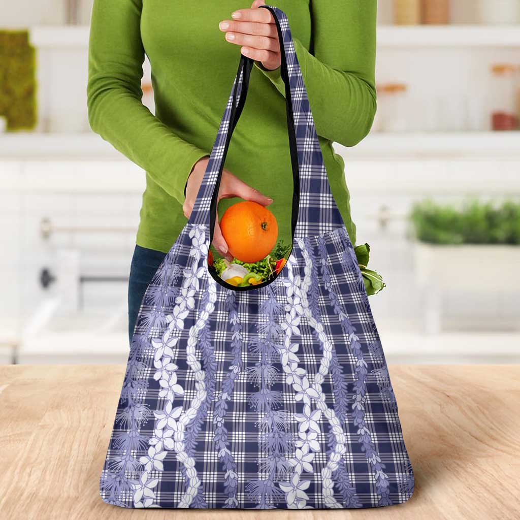 Hawaiian Ohia Lehua Lei Grocery Bag Plaid Palaka Uliuli hohonu Pattern - Polynesian Pride