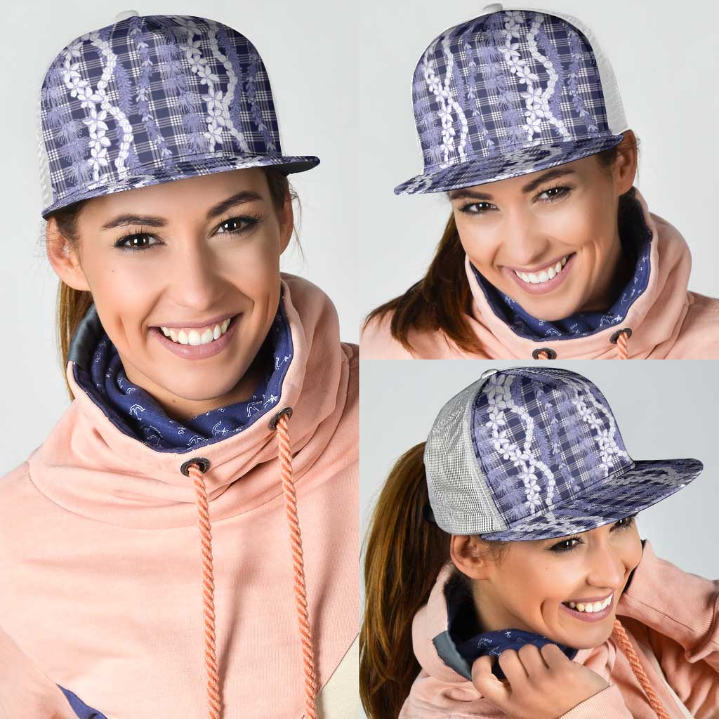 Hawaiian Ohia Lehua Lei Mesh Trucker Cap Plaid Palaka Uliuli hohonu Pattern - Polynesian Pride