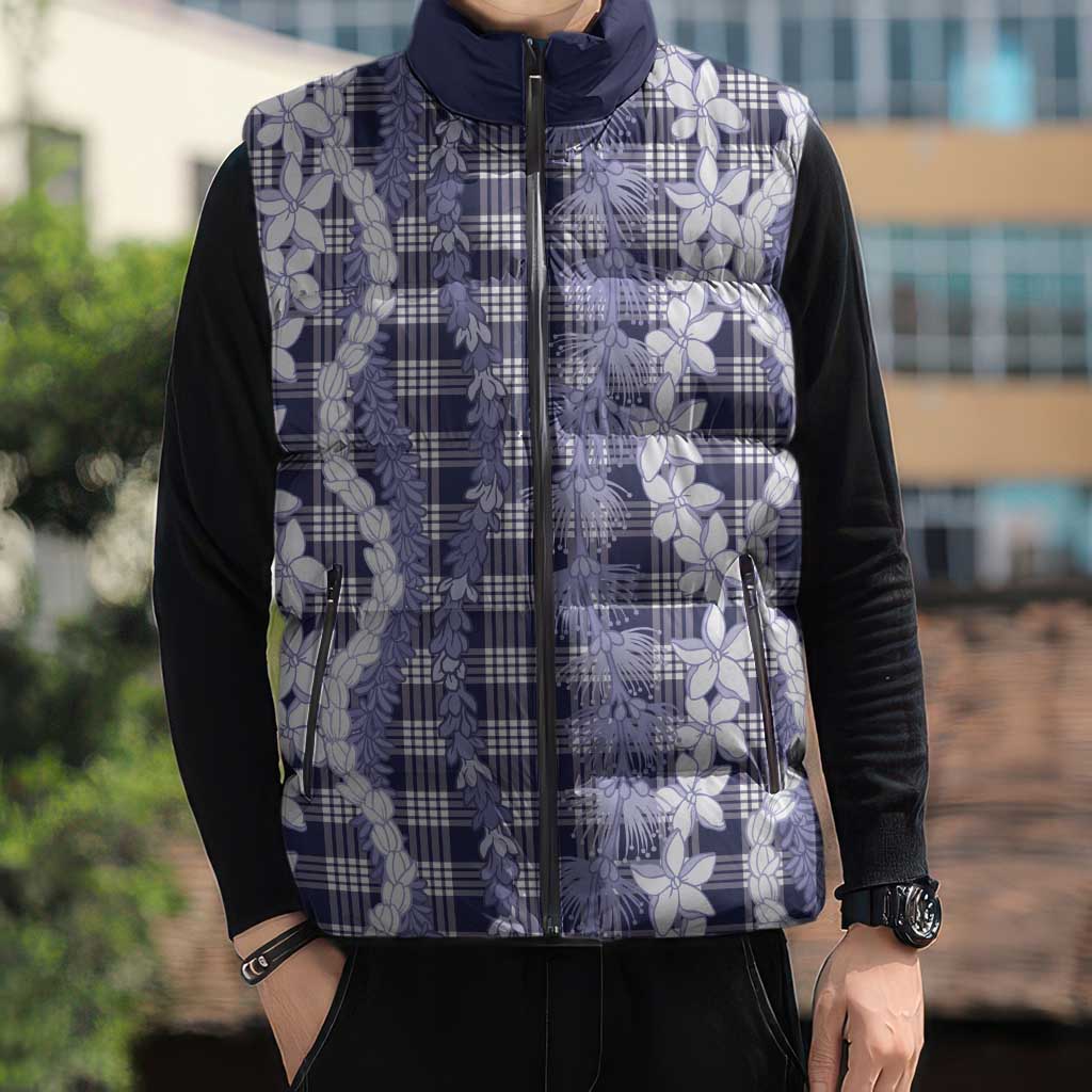 Hawaiian Ohia Lehua Lei Sleeveless Puffer Jacket Plaid Palaka Uliuli hohonu Pattern - Polynesian Pride