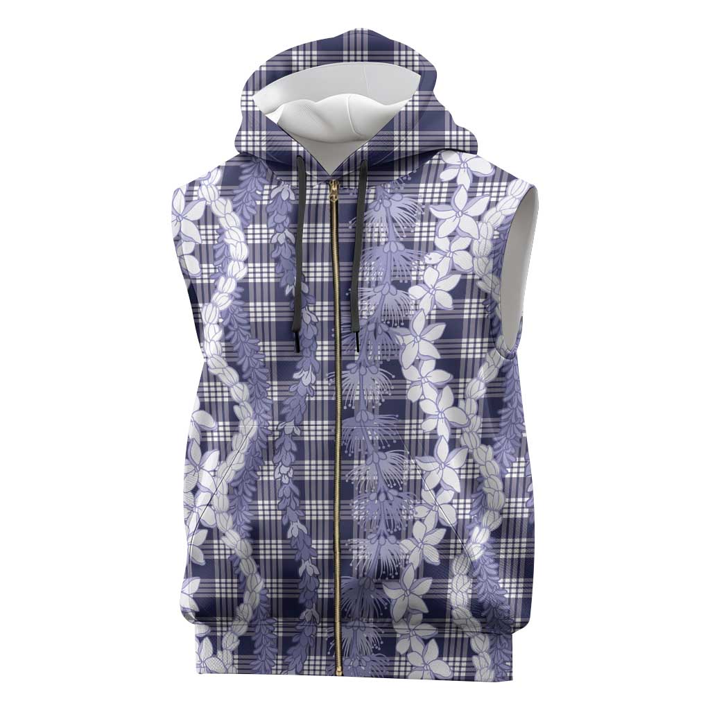 Hawaiian Ohia Lehua Lei Sleeveless Zip Hoodie Plaid Palaka Uliuli hohonu Pattern - Polynesian Pride