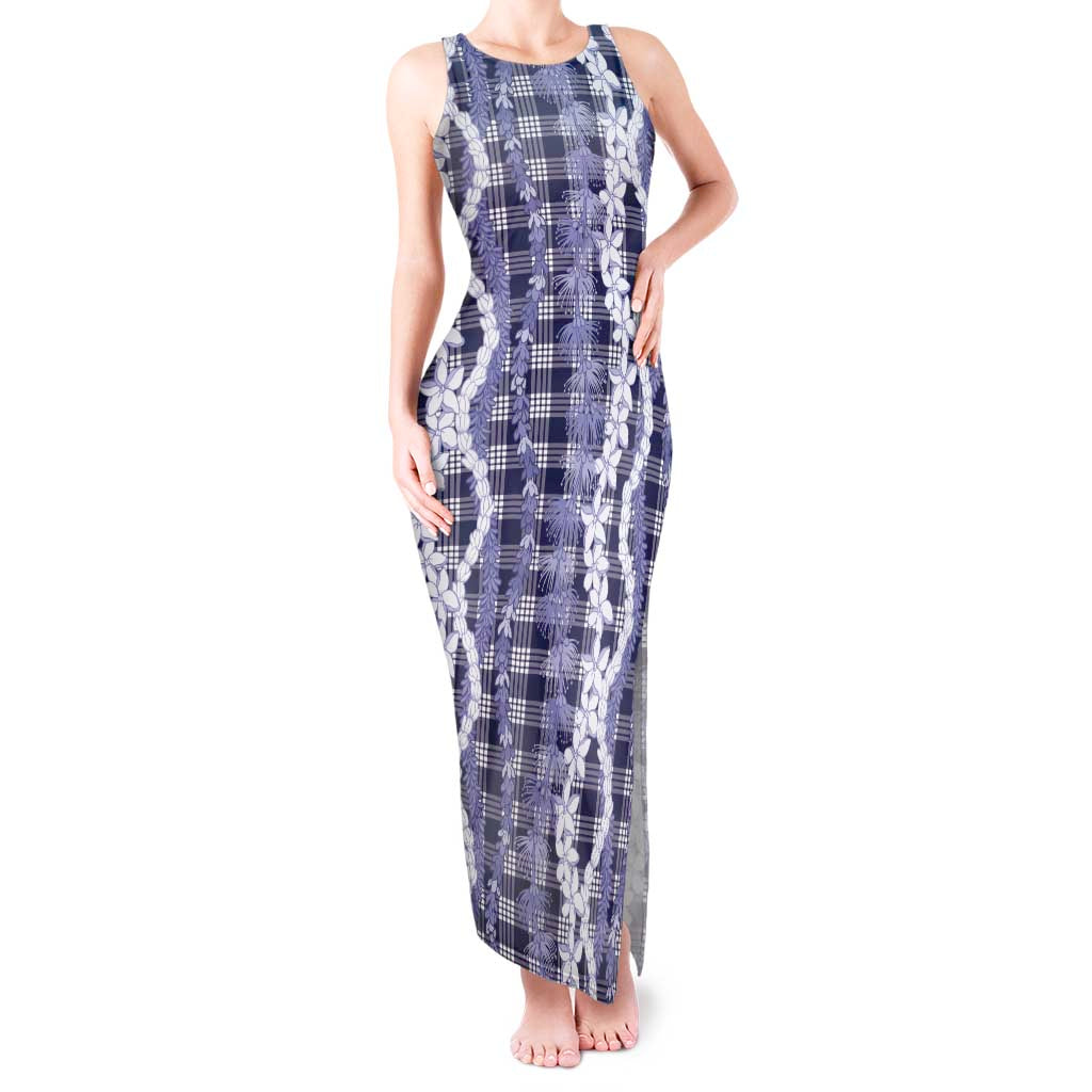 Hawaiian Ohia Lehua Lei Tank Maxi Dress Plaid Palaka Uliuli hohonu Pattern - Polynesian Pride