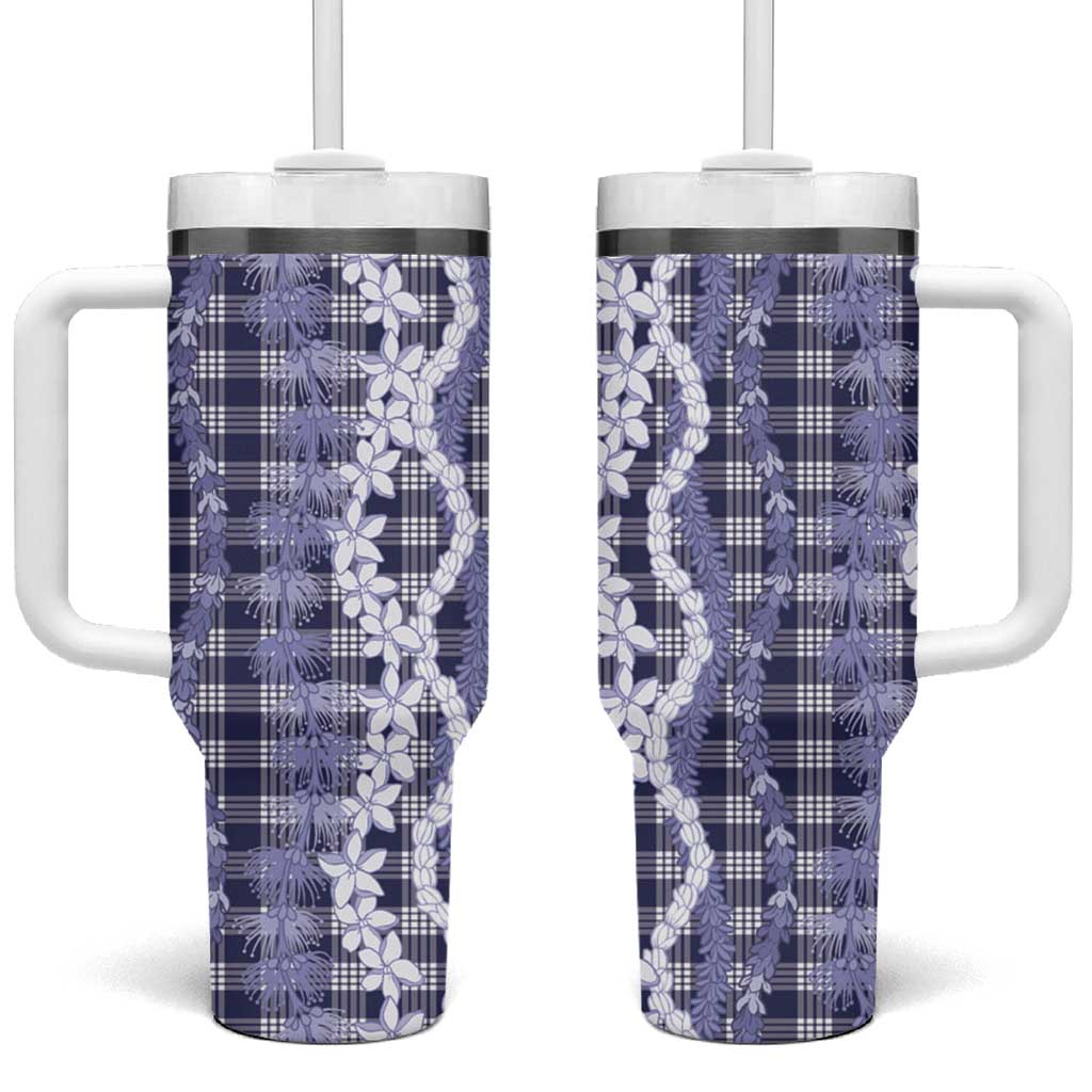 Hawaiian Ohia Lehua Lei Tumbler With Handle Plaid Palaka Uliuli hohonu Pattern - Polynesian Pride