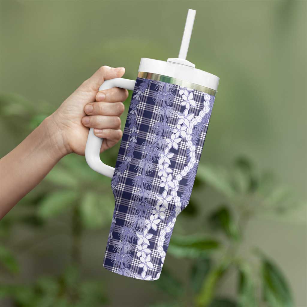 Hawaiian Ohia Lehua Lei Tumbler With Handle Plaid Palaka Uliuli hohonu Pattern - Polynesian Pride