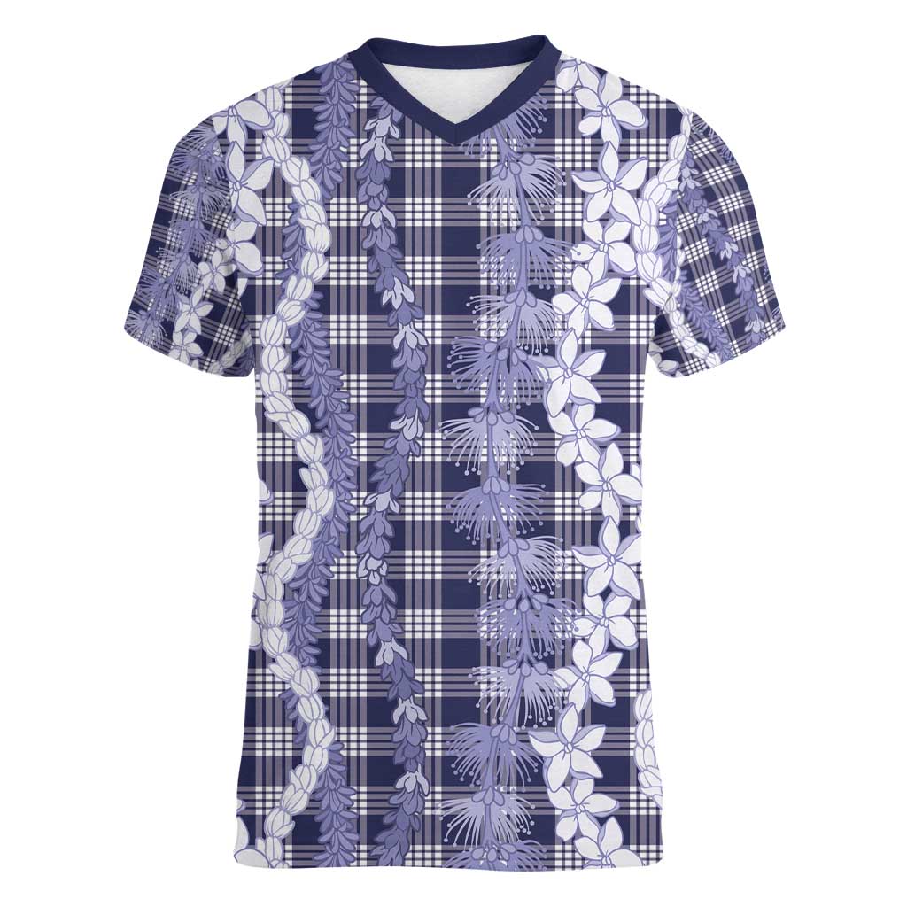Hawaiian Ohia Lehua Lei Women V-Neck T-Shirt Plaid Palaka Uliuli hohonu Pattern - Polynesian Pride