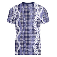 Hawaiian Ohia Lehua Lei Women V-Neck T-Shirt Plaid Palaka Uliuli hohonu Pattern - Polynesian Pride