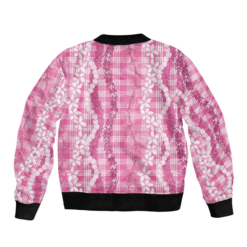 Hawaiian Ohia Lehua Lei Bomber Jacket Plaid Palaka Akala Pattern - Polynesian Pride