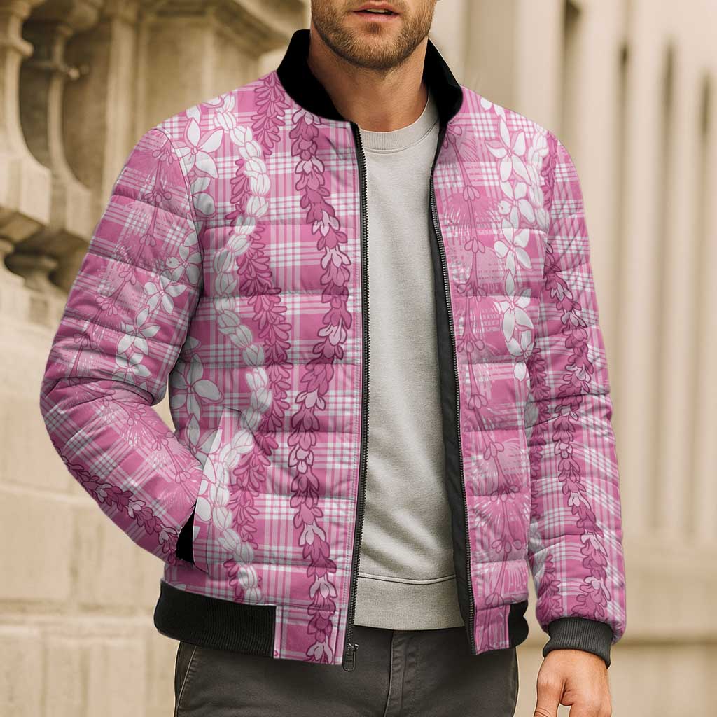 Hawaiian Ohia Lehua Lei Bomber Puffer Jacket Plaid Palaka Akala Pattern - Polynesian Pride